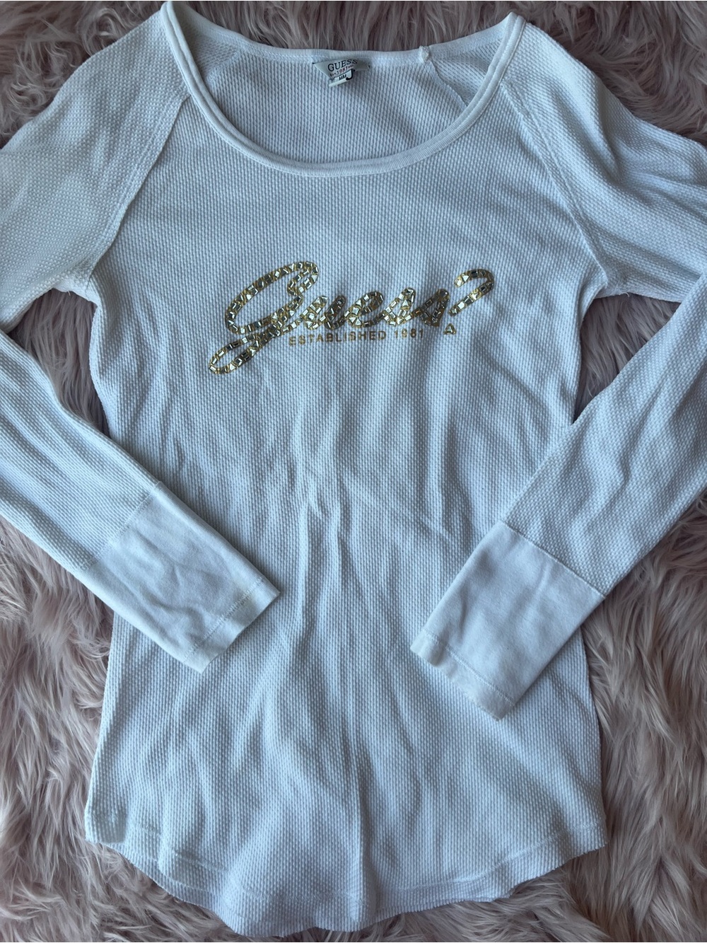 Y2K Guess White Long Sleeve Waffle Knit Top with Gold Sequin Logo Medium